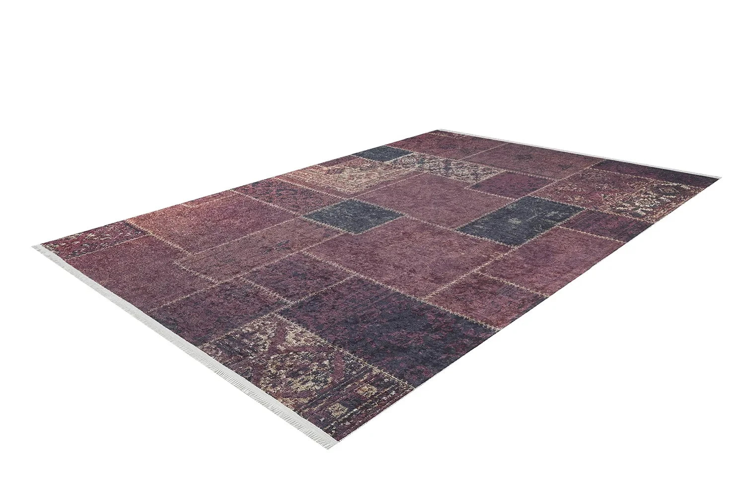 Bordo Kırmızı Eskitme Patchwork Görünümlü Halı