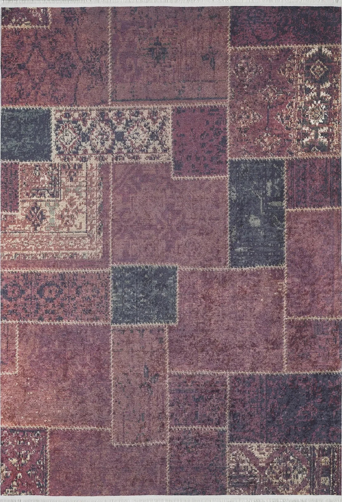Bordo Kırmızı Eskitme Patchwork Görünümlü Halı