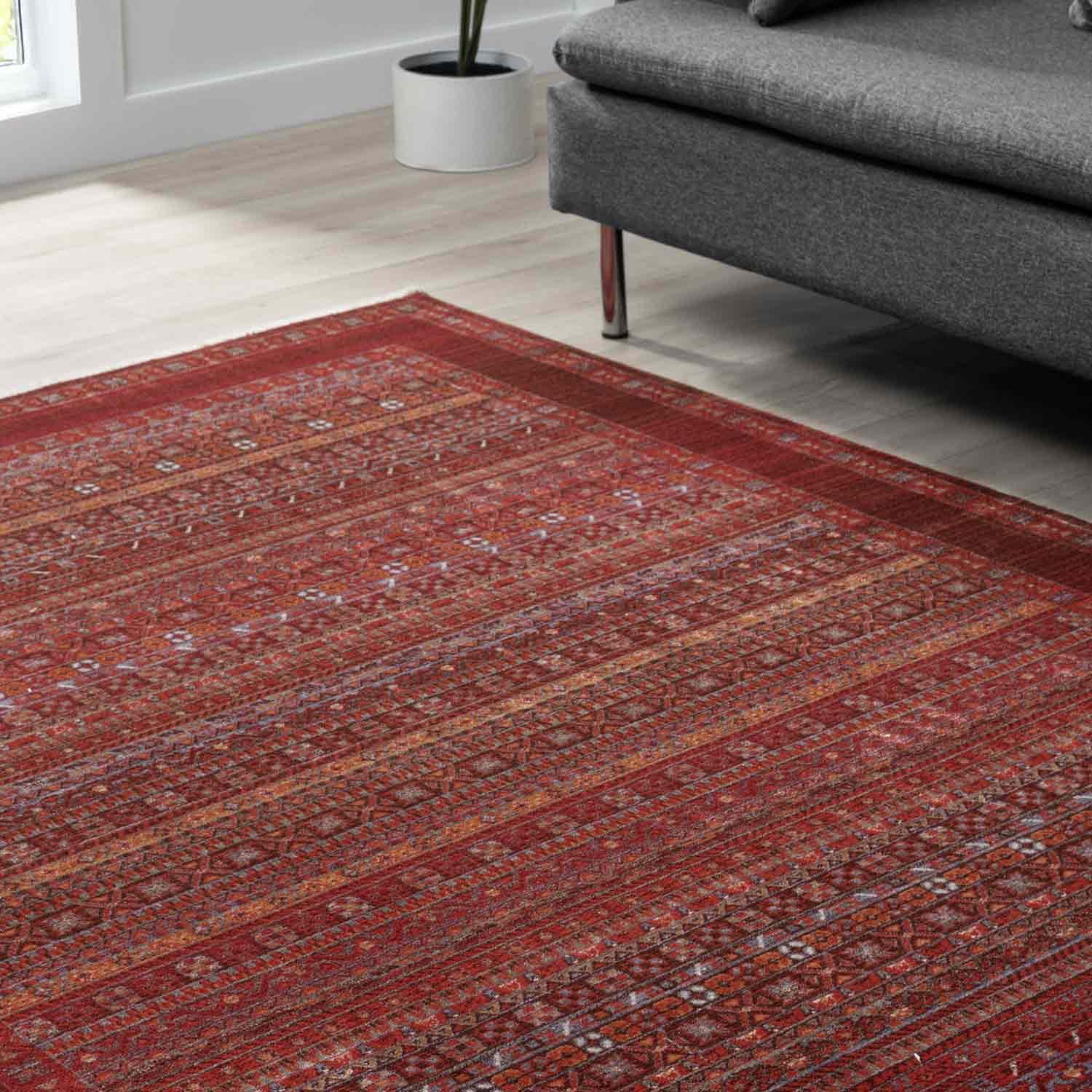 Bordo Kırmızı Etnik Şerit Desenli Modern Halı