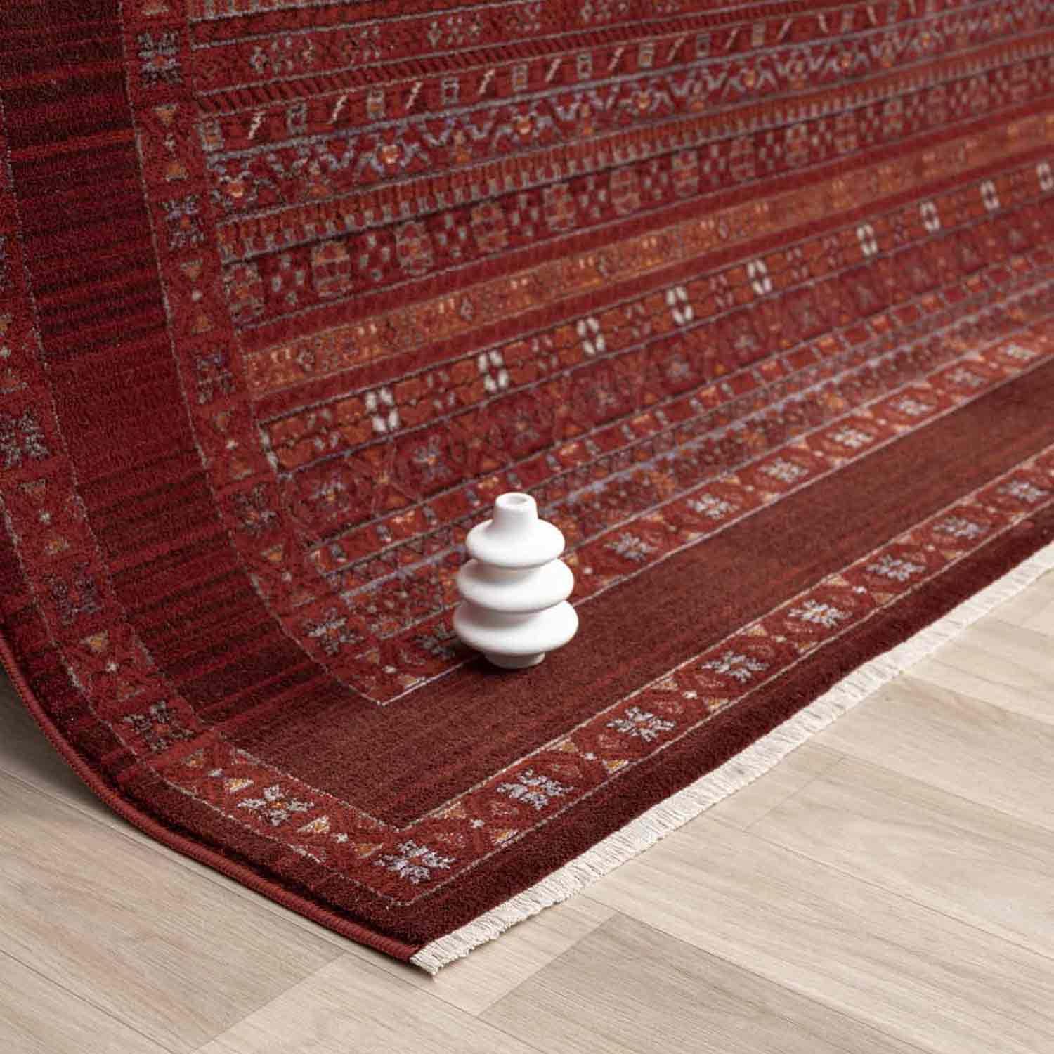Bordo Kırmızı Etnik Şerit Desenli Modern Halı