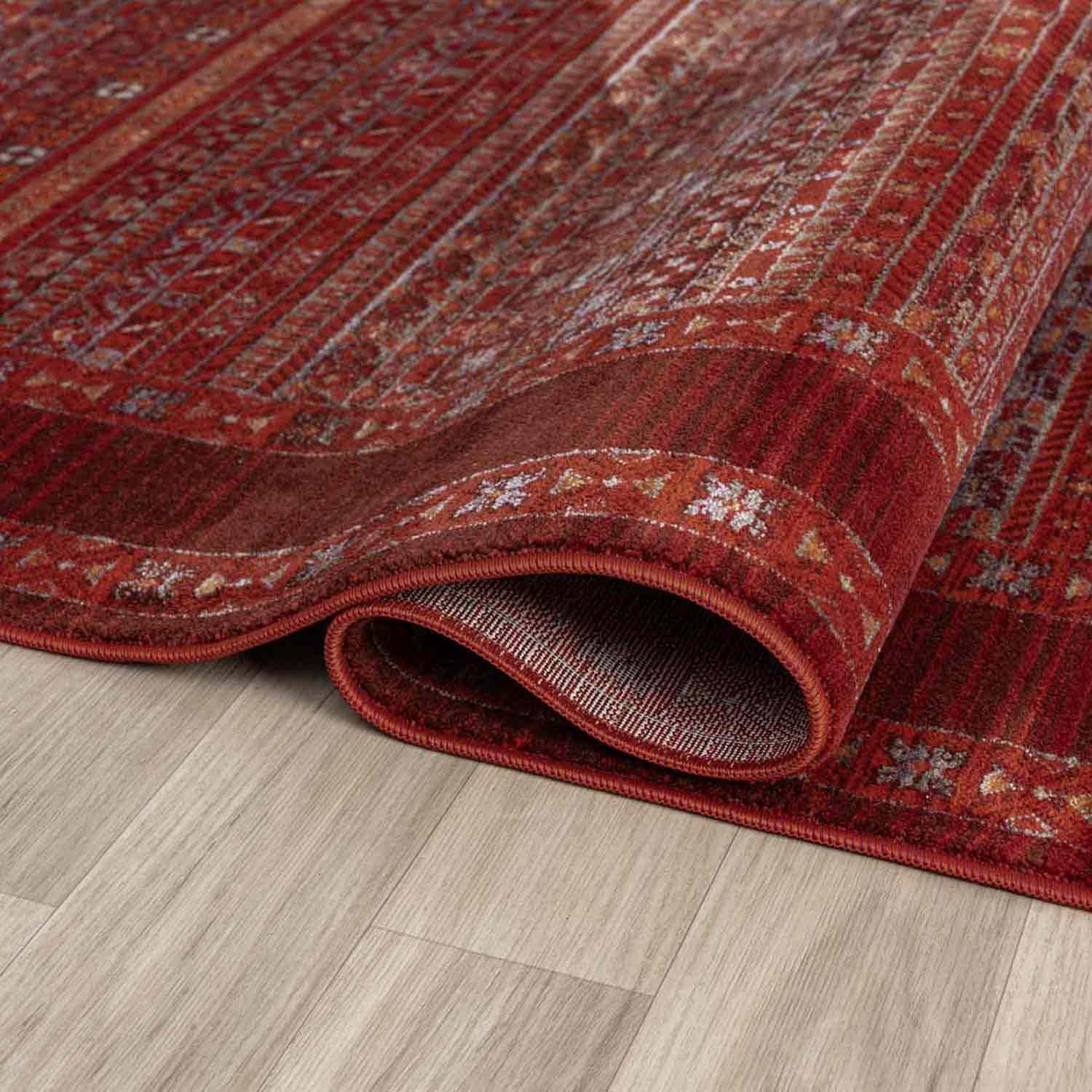 Bordo Kırmızı Etnik Şerit Desenli Modern Halı