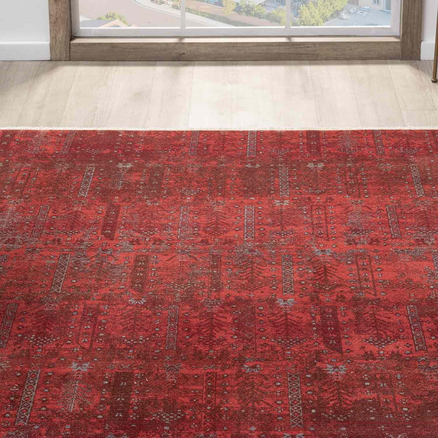 Canlı Bordo Kırmızı Otantik Ağaç Motifli Vintage Halı