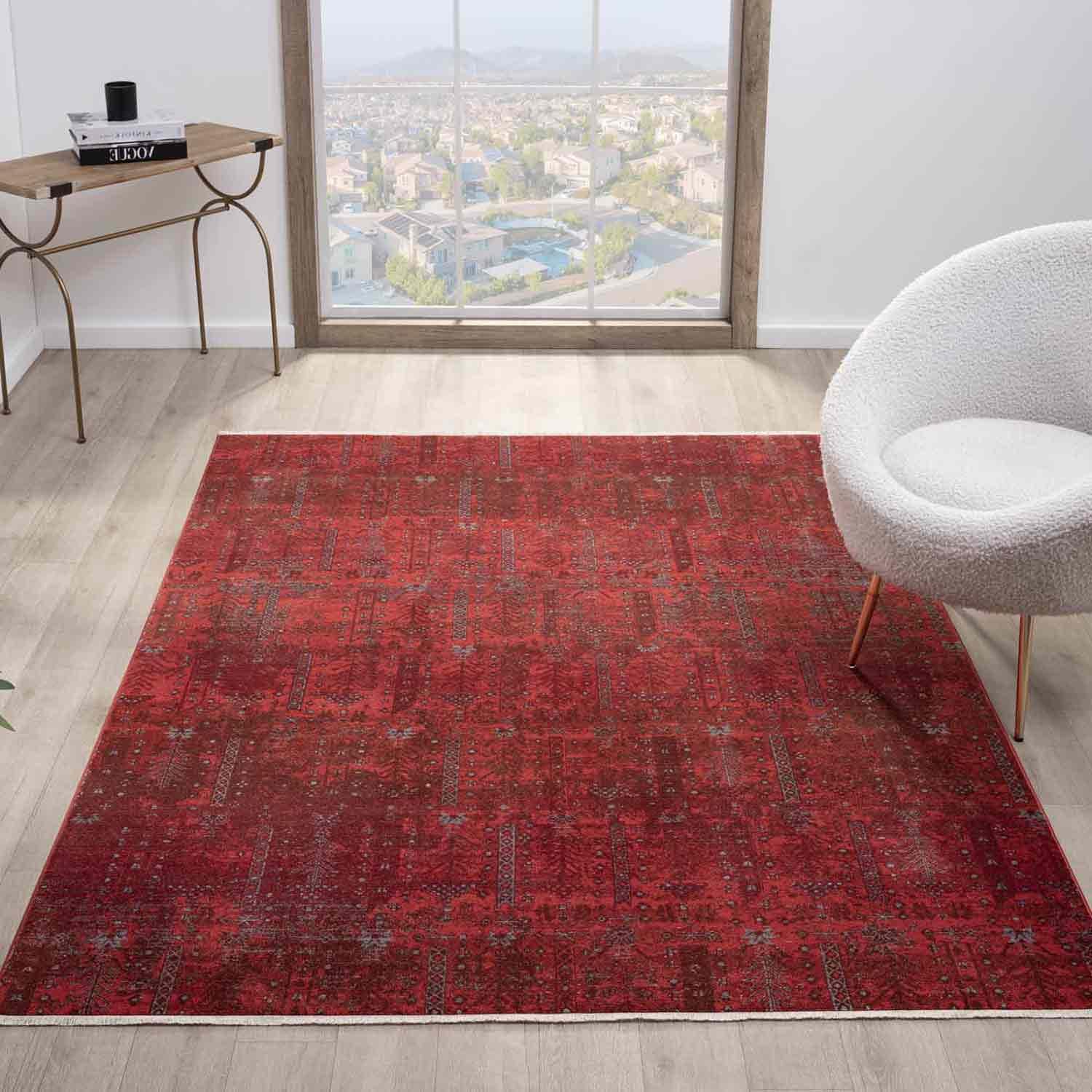 Canlı Bordo Kırmızı Otantik Ağaç Motifli Vintage Halı