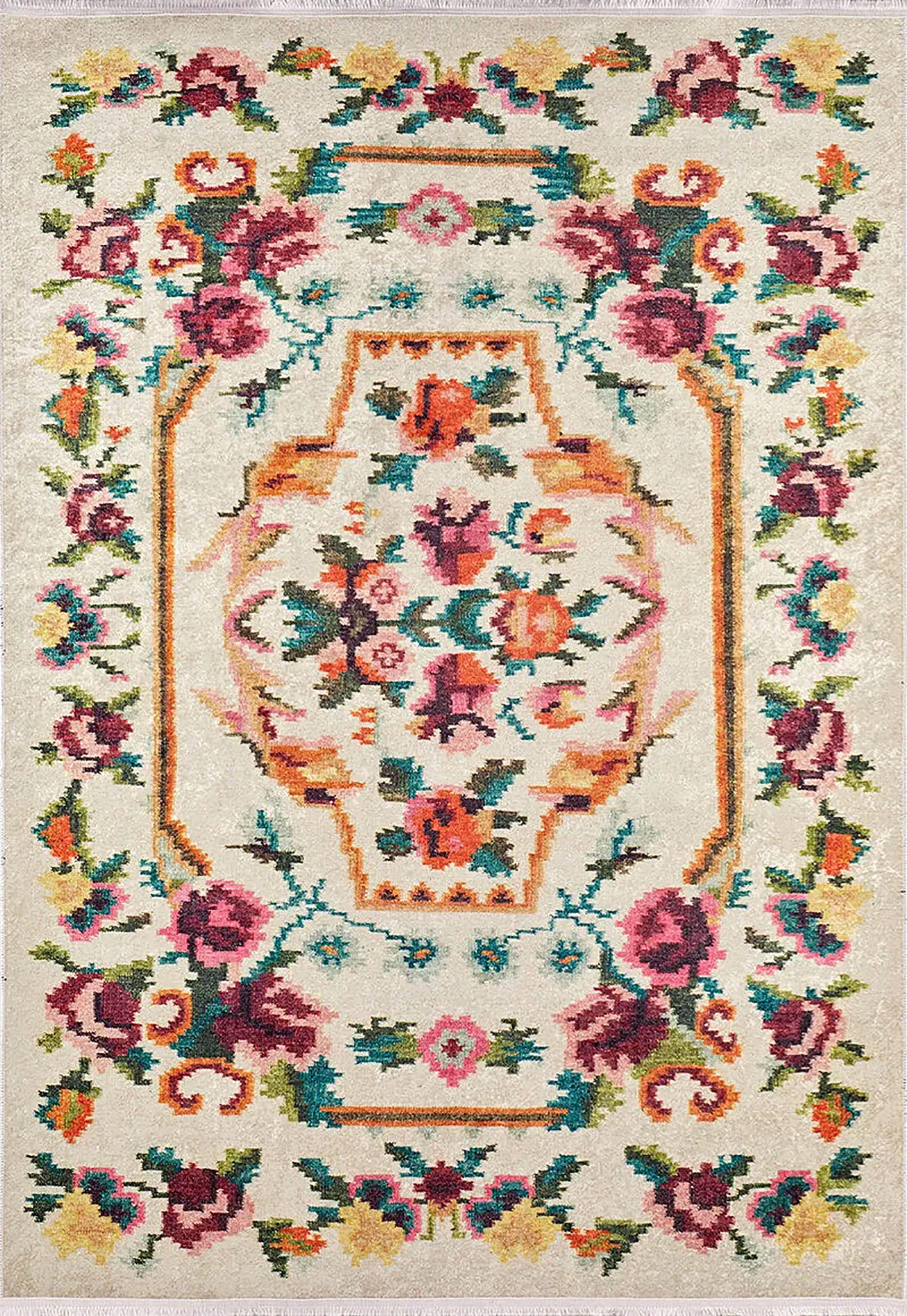 Canlı Çiçekli Beyaz Bohem Vintage Floral Halısı