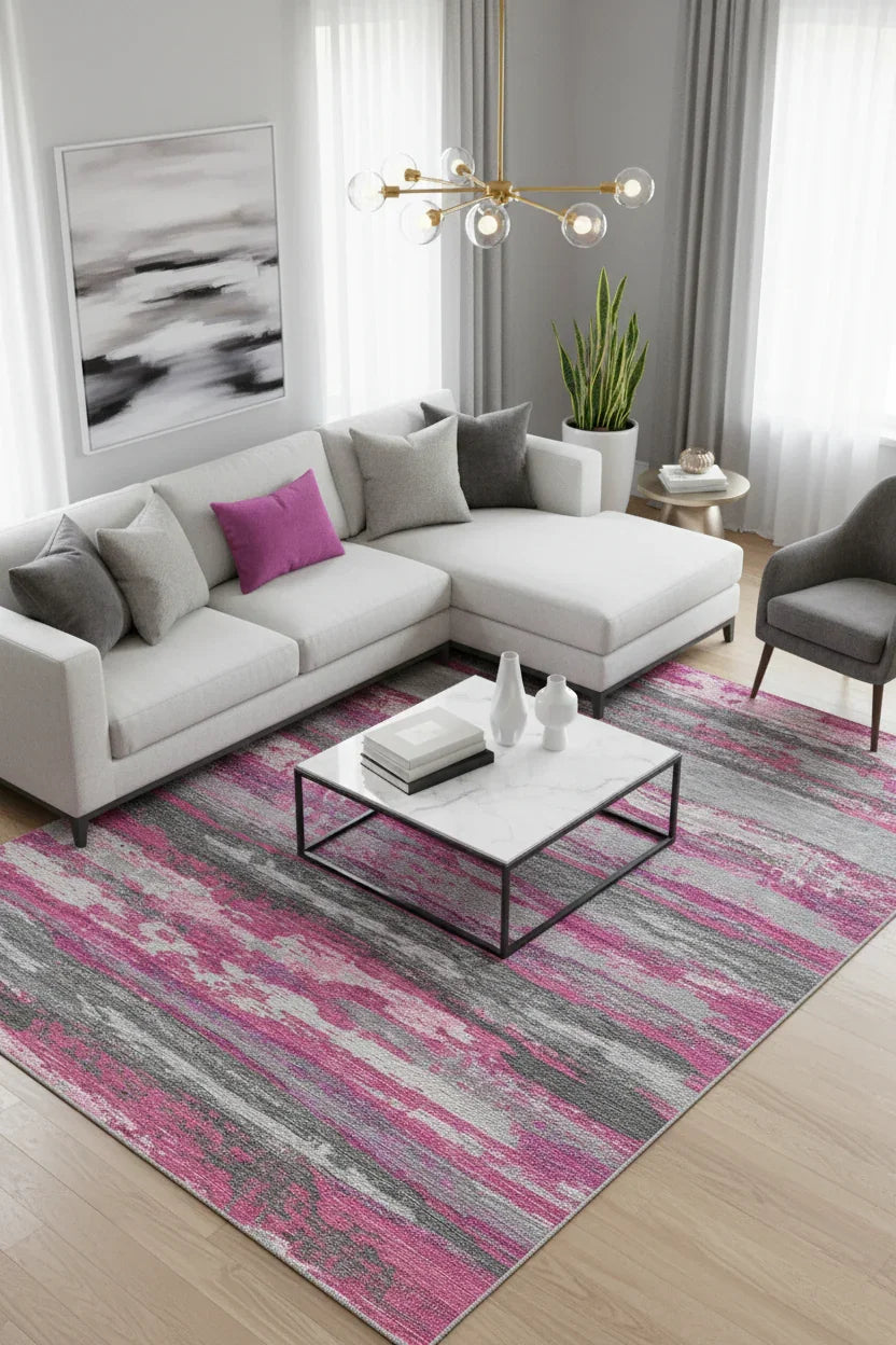 Canlı Fuşya ve Gri Modern Soyut Sanat Halısı