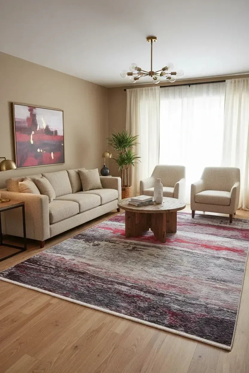 Canlı Kırmızı ve Gri Modern Soyut Sanat Halısı
