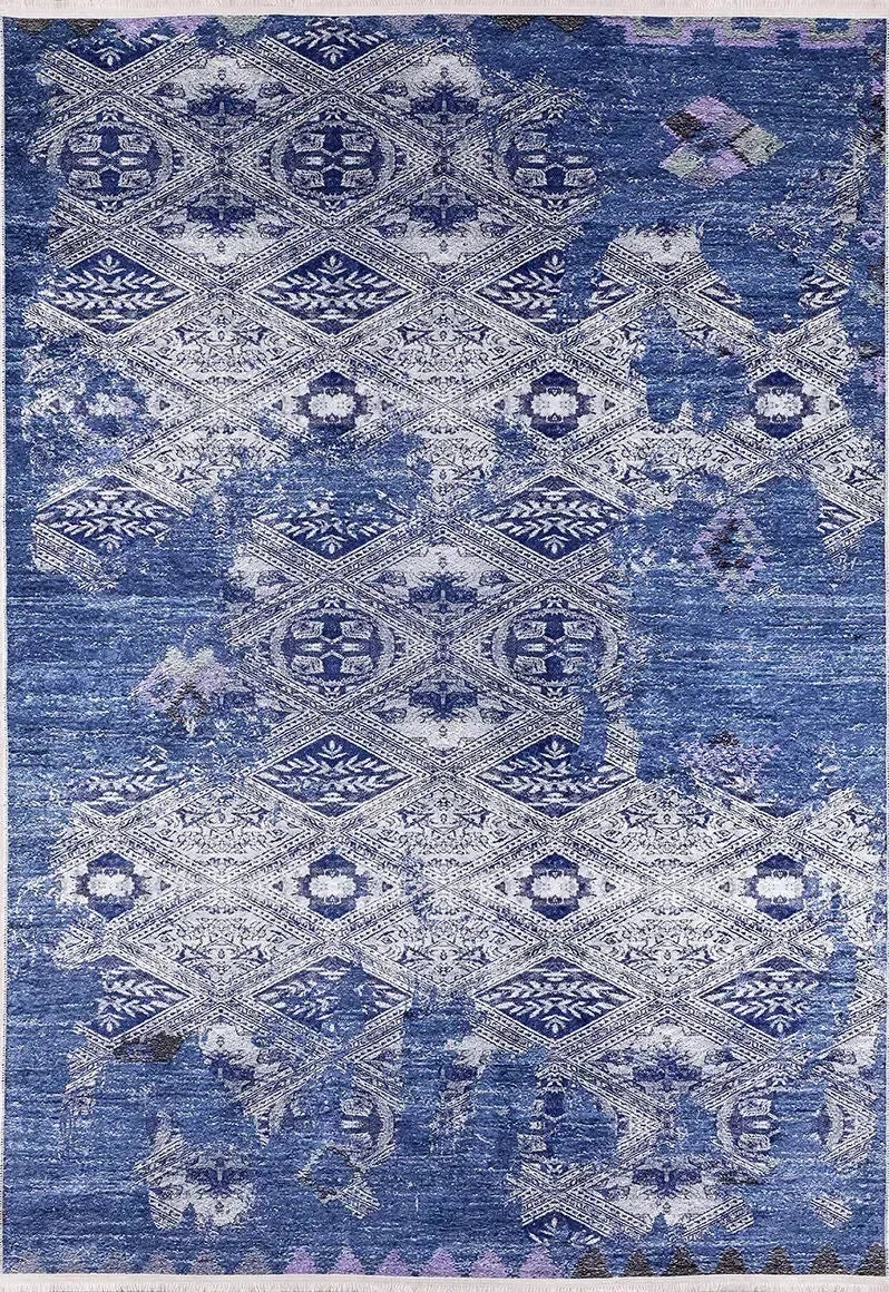 Canlı Mavi Beyaz Modern Geometrik Halı