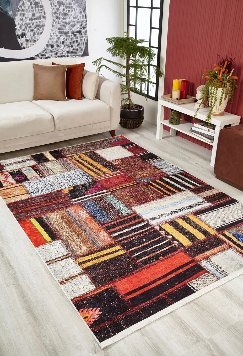 Çok Renkli Canlı Etnik Kilim Patchwork Görünümlü Halı