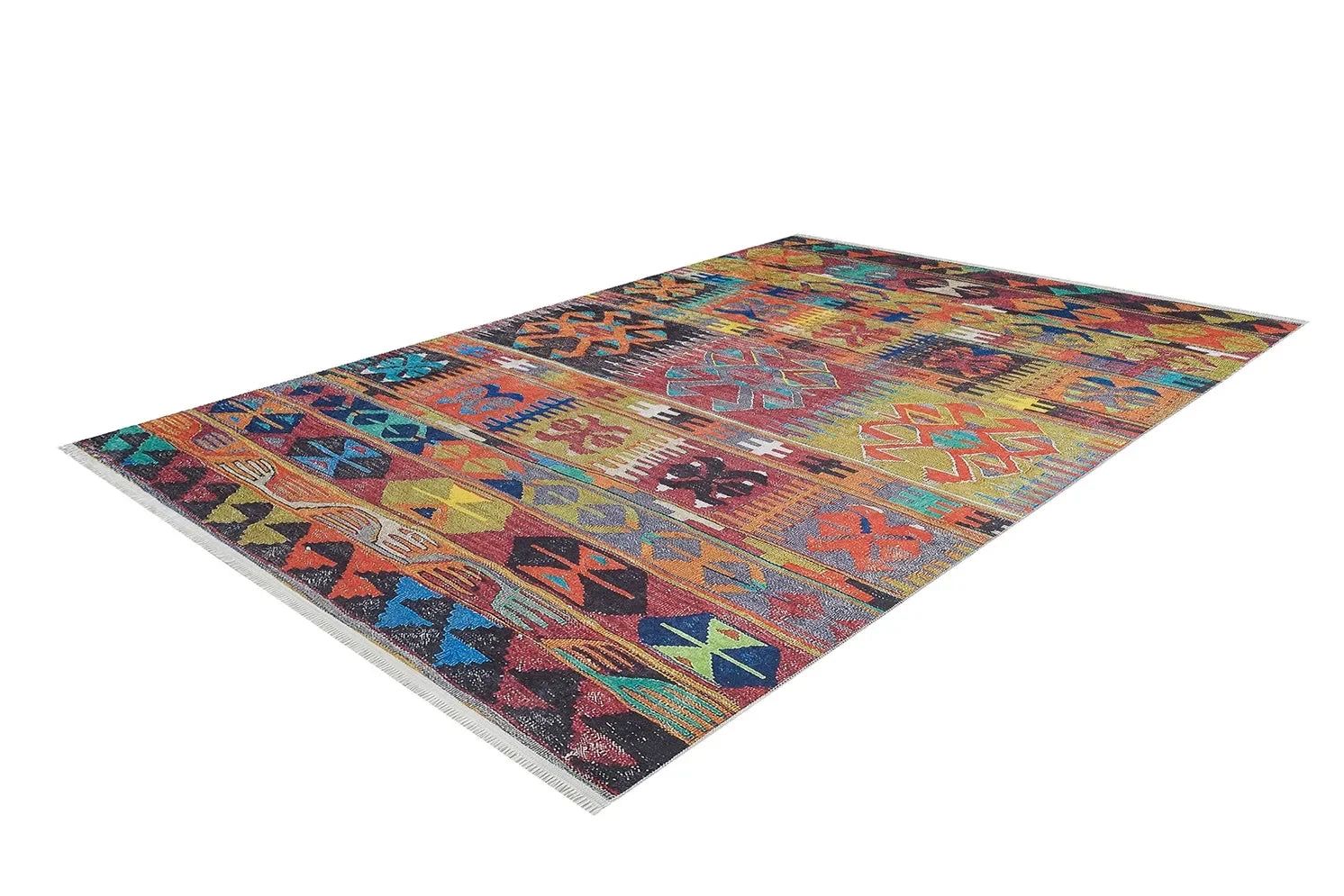 Çok Renkli Canlı Etnik Kilim Şeritli Halı