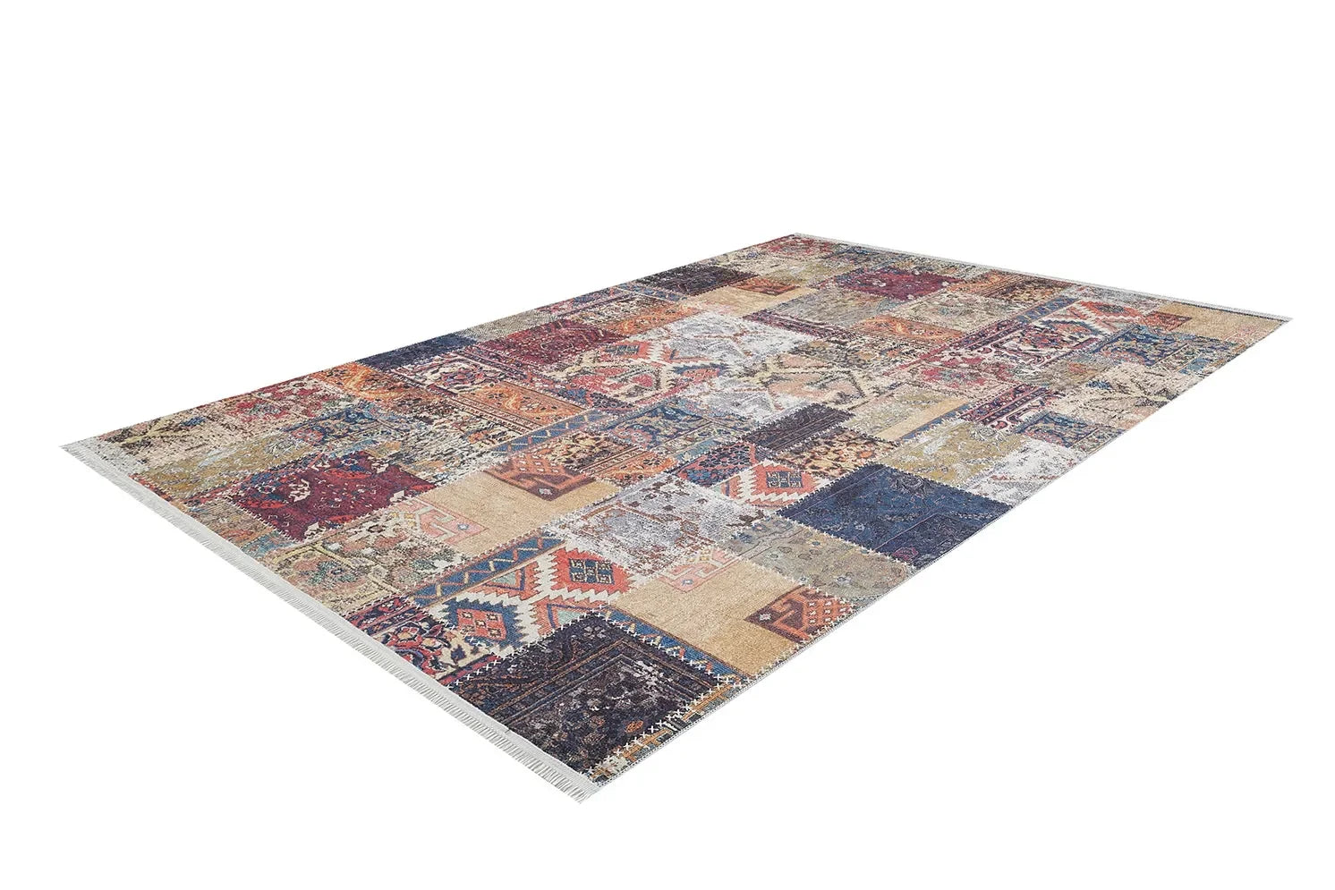Çok Renkli Eskitme Desenli Patchwork Görünümlü Halı