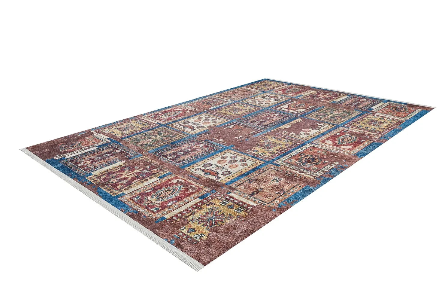 Çok Renkli Eskitme Otantik Kareli Desenli Halı