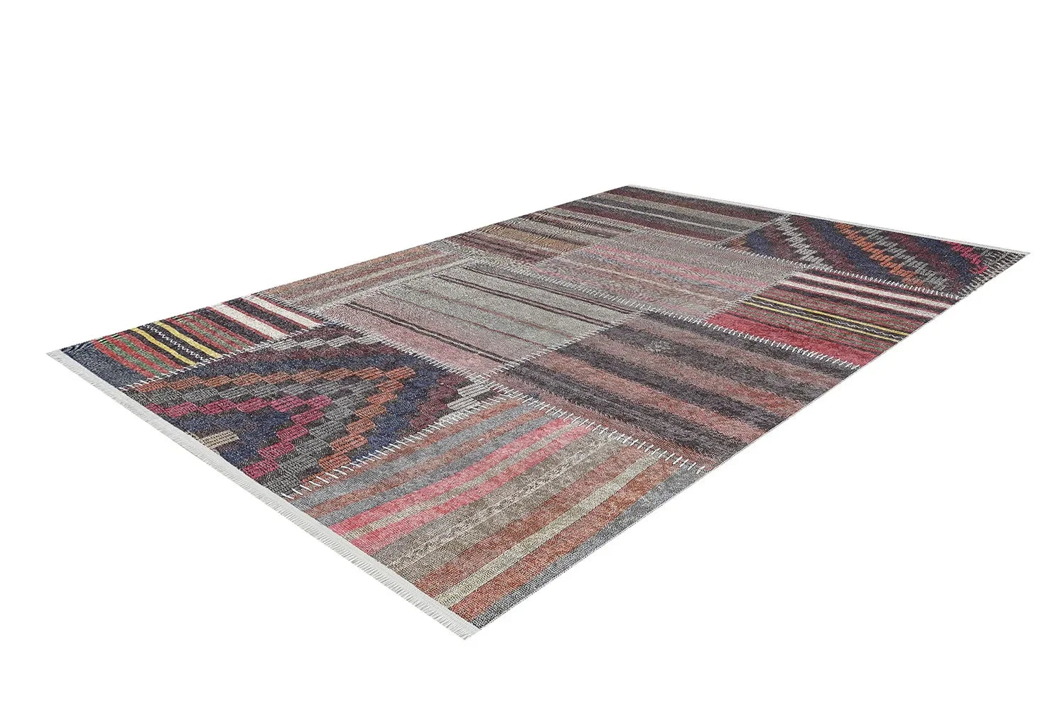 Çok Renkli Gri Bordo Etnik Çizgili Patchwork Görünümlü Halı