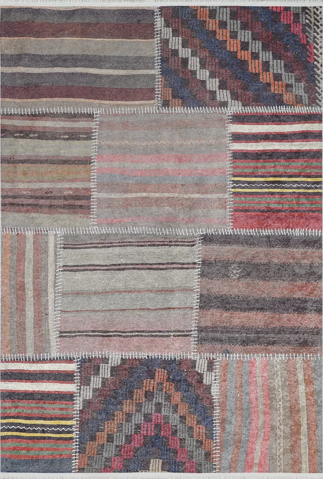 Çok Renkli Gri Bordo Etnik Çizgili Patchwork Görünümlü Halı