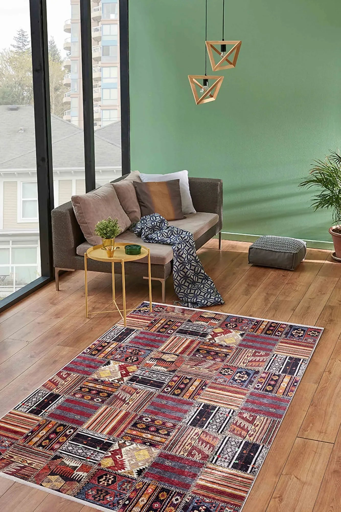 Çok Renkli Kırmızı Kahve Kilim Patchwork Görünümlü Halı