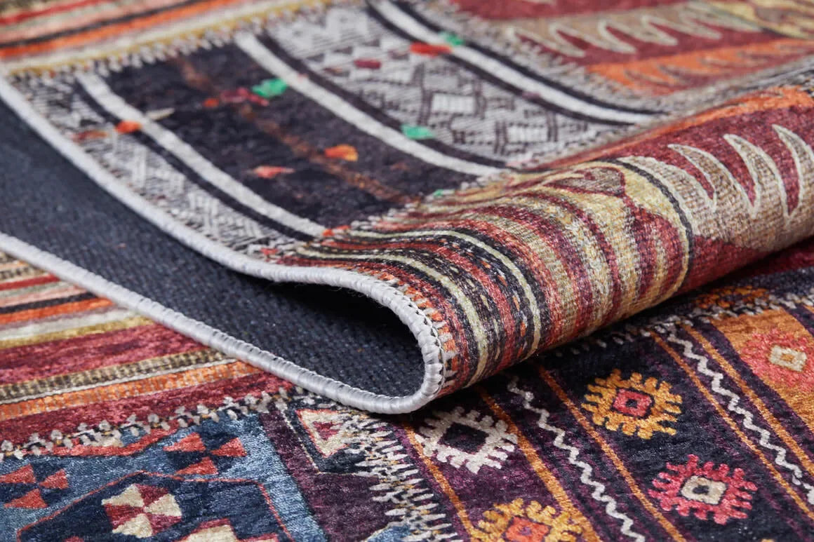 Çok Renkli Kırmızı Kahve Kilim Patchwork Görünümlü Halı