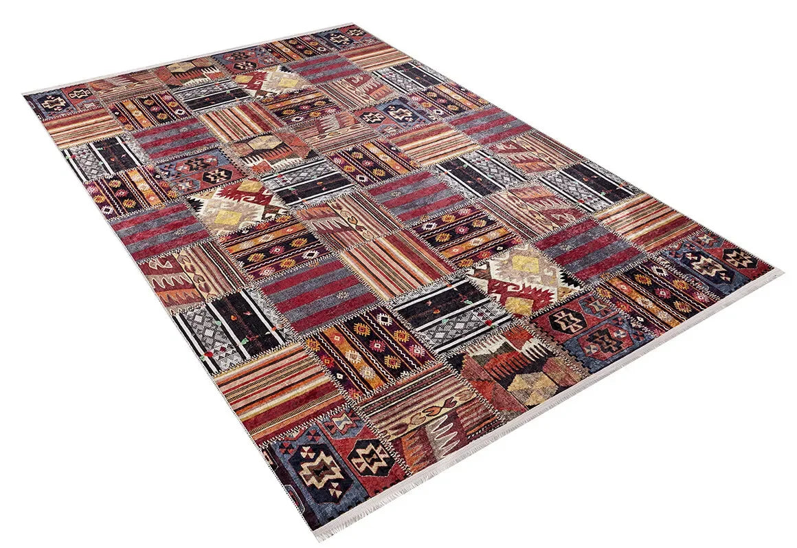 Çok Renkli Kırmızı Kahve Kilim Patchwork Görünümlü Halı