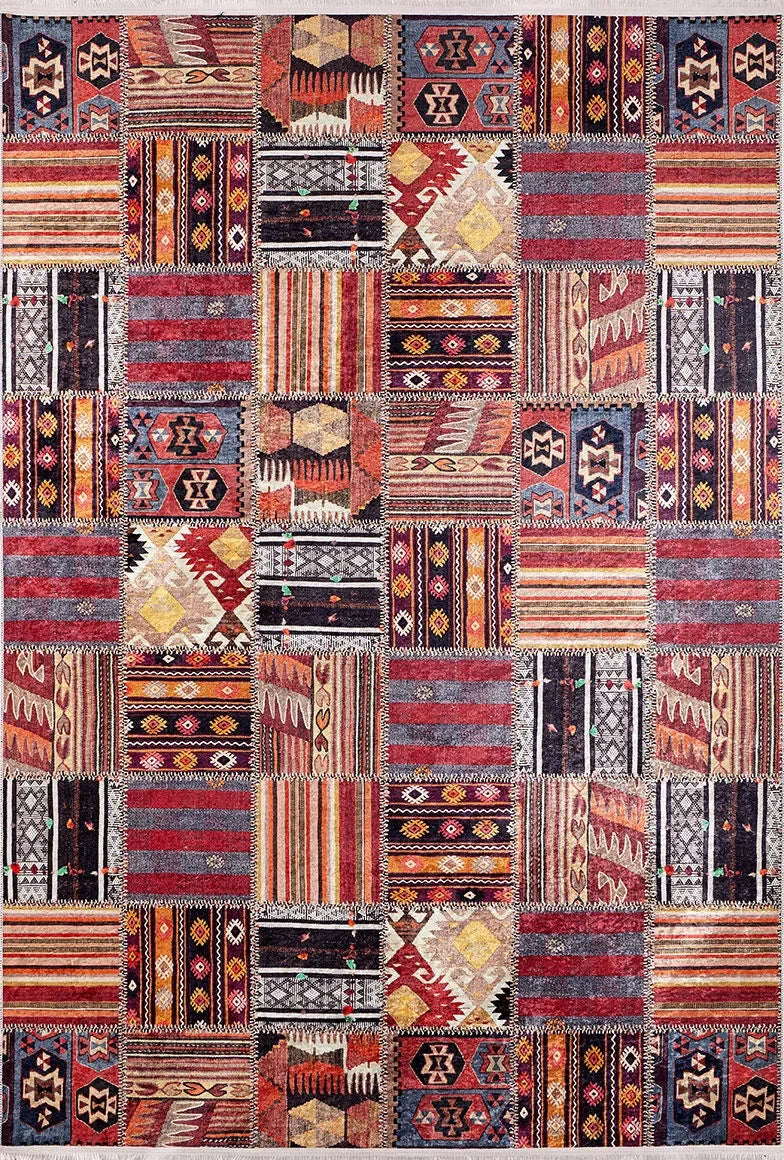 Çok Renkli Kırmızı Kahve Kilim Patchwork Görünümlü Halı