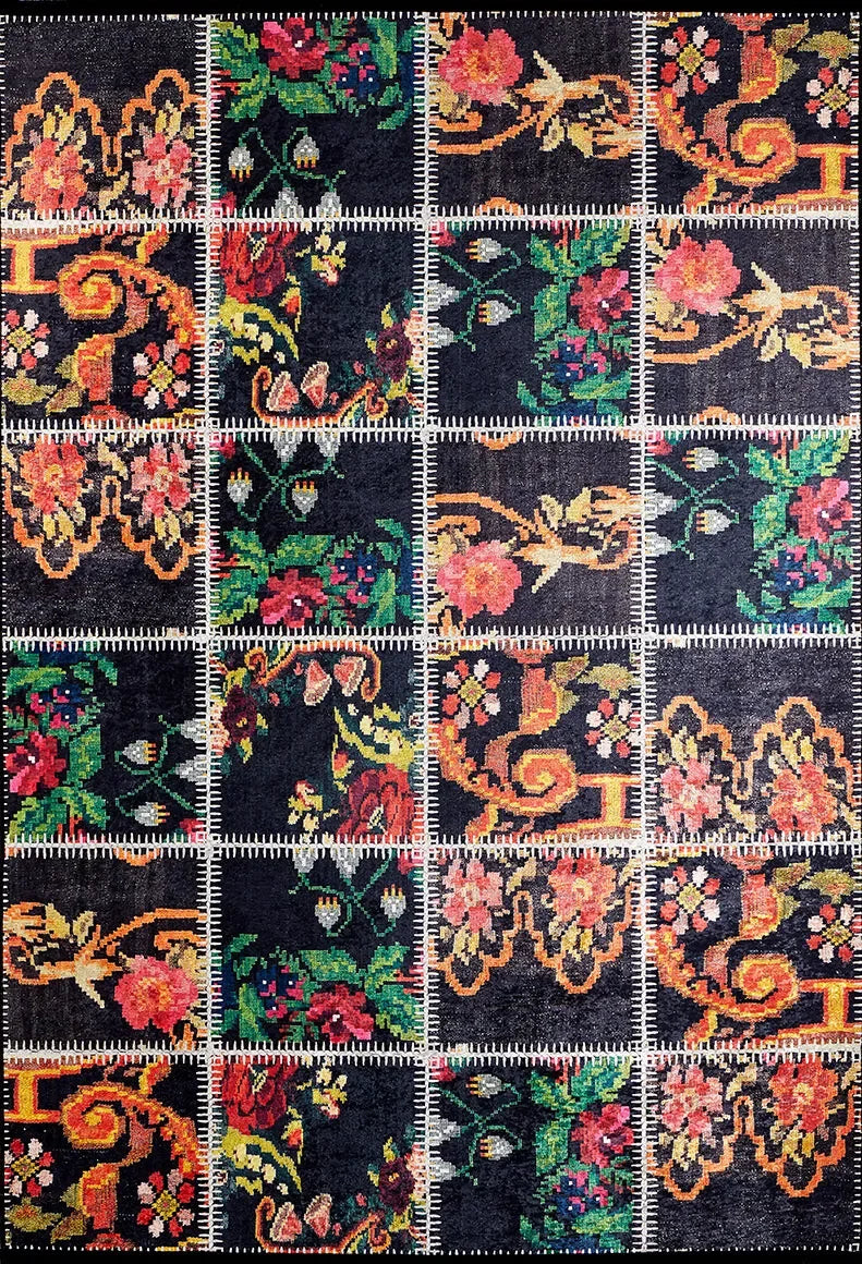 Çok Renkli Klasik Çiçekli Patchwork Görünümlü Halı