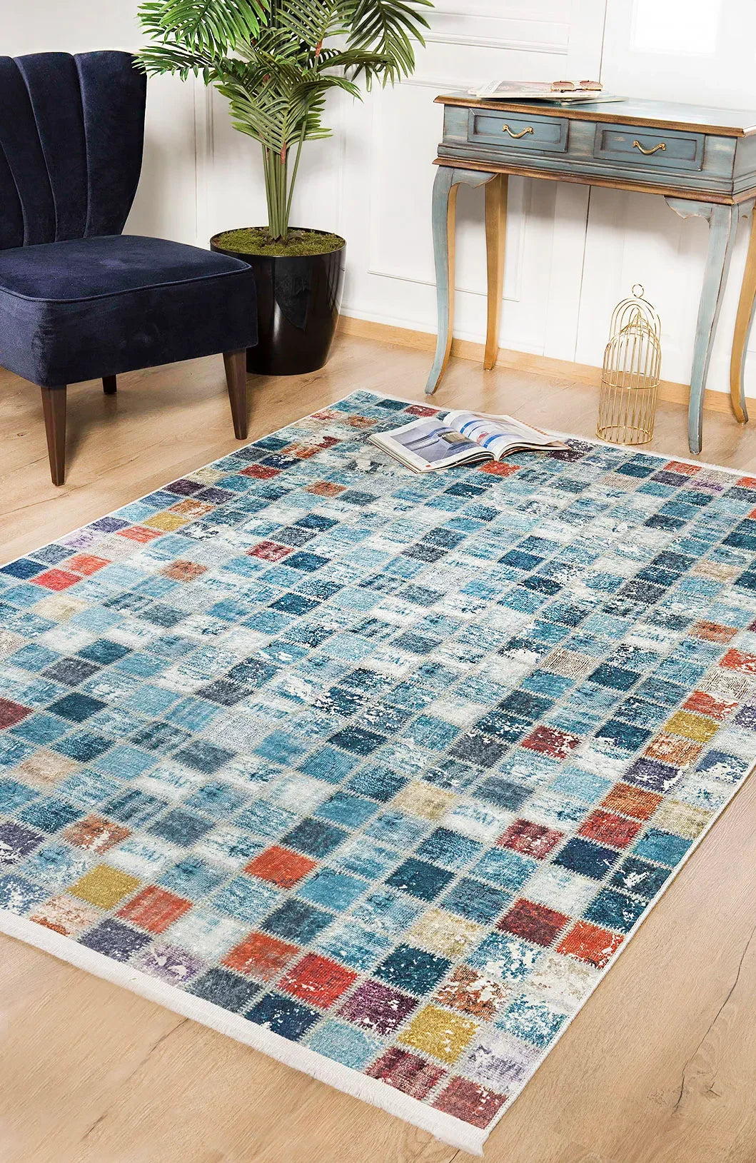 Çok Renkli Mavi Mozaik Kareli Patchwork Görünümlü Halı