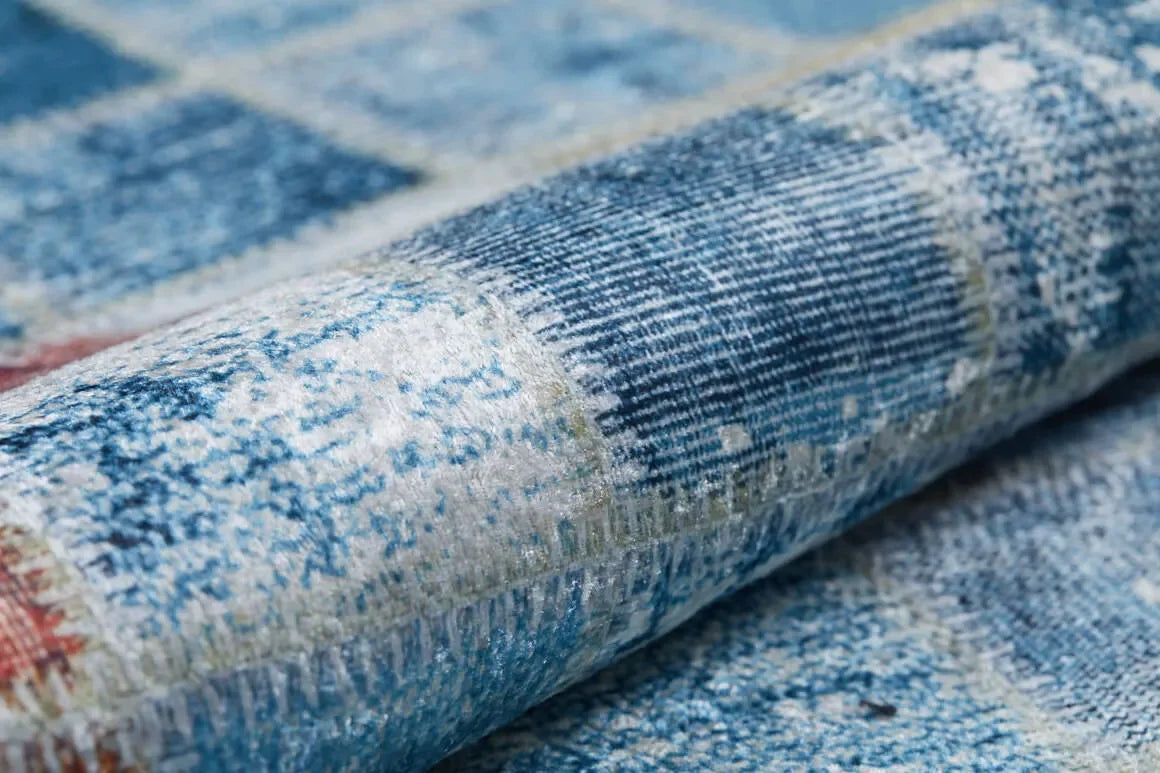Çok Renkli Mavi Mozaik Kareli Patchwork Görünümlü Halı