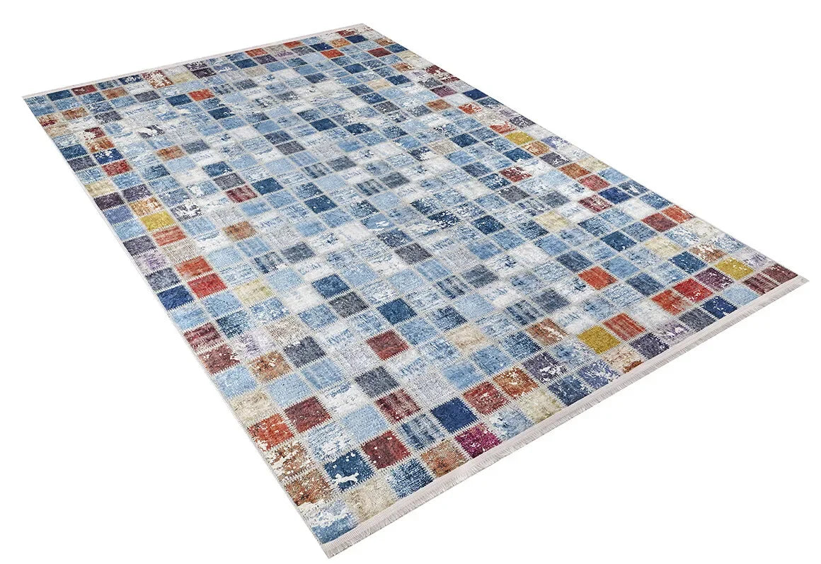 Çok Renkli Mavi Mozaik Kareli Patchwork Görünümlü Halı
