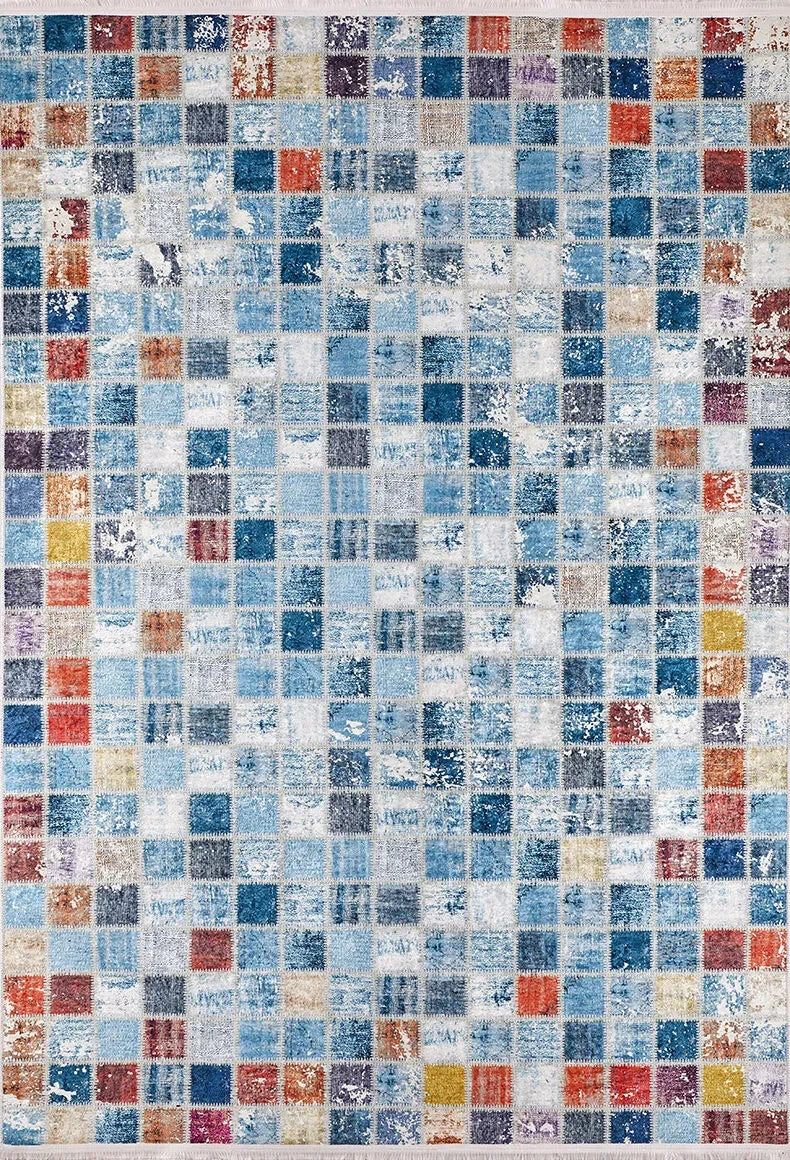 Çok Renkli Mavi Mozaik Kareli Patchwork Görünümlü Halı