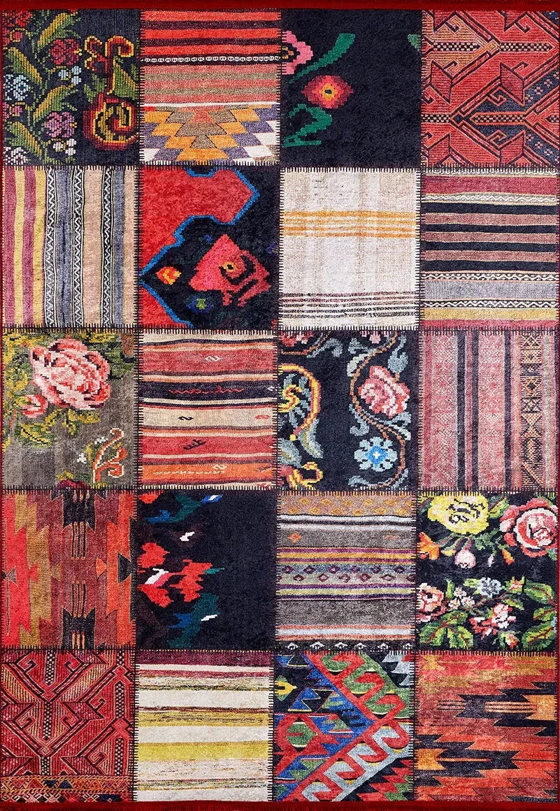 Çok Renkli Otantik Kilim Motifli Patchwork Görünümlü Halı