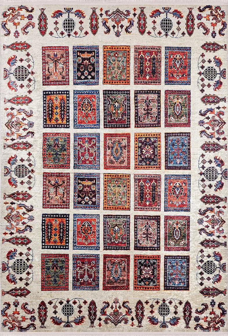 Çok Renkli Otantik Motifli Kareli Patchwork Görünümlü Halı