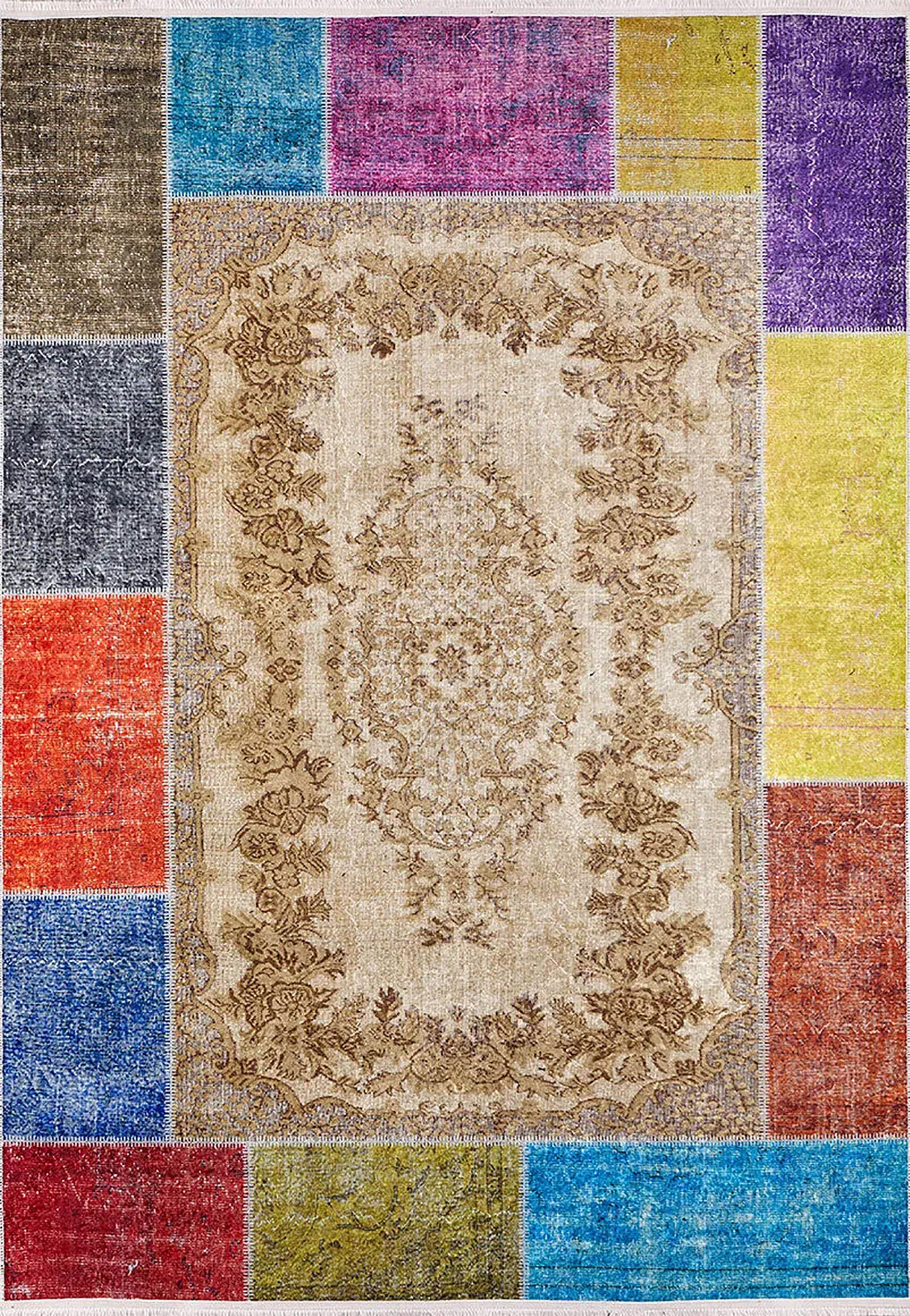 Çok Renkli Patchwork Görünümlü Bej Bohem Vintage Halı