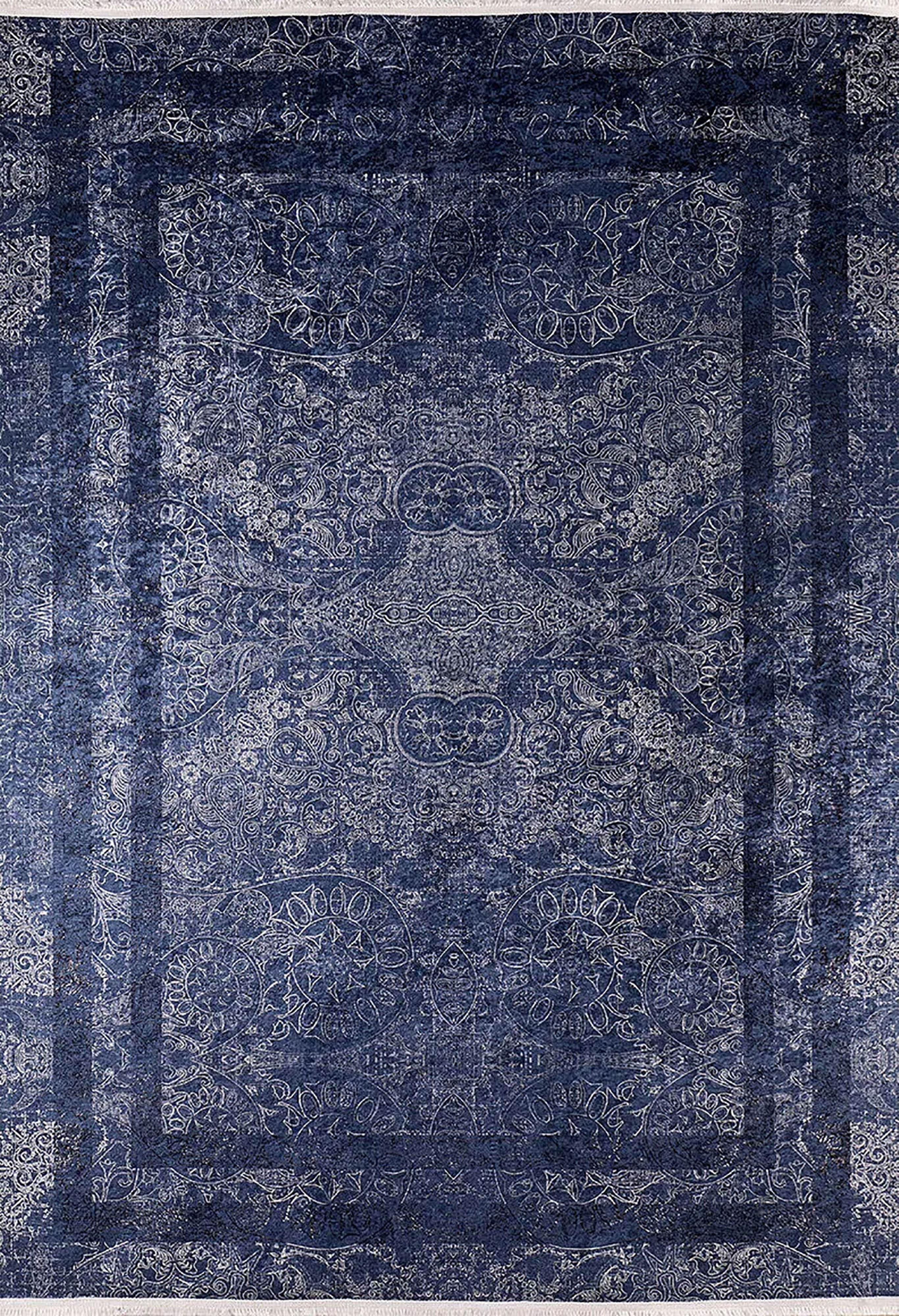 Derin Lacivert Damask Desenli Çerçeveli Bordürlü Halı