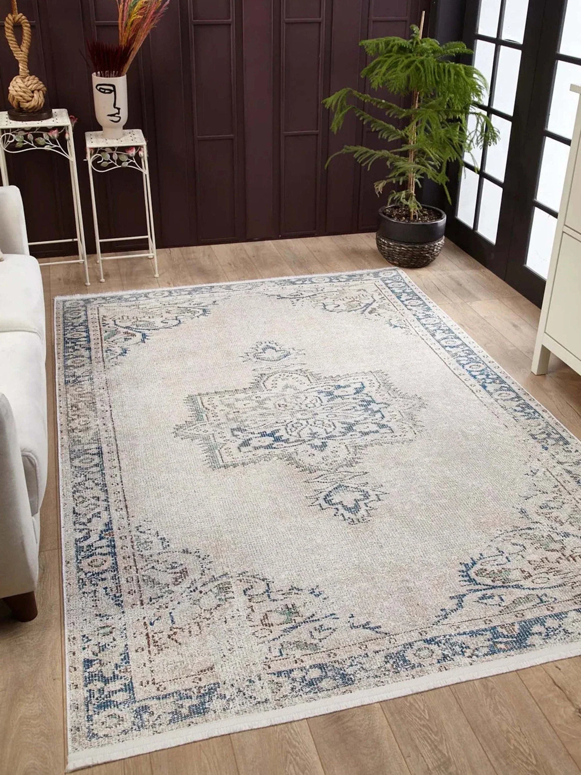 Doğal Eskitme Gri Geometrik Halı