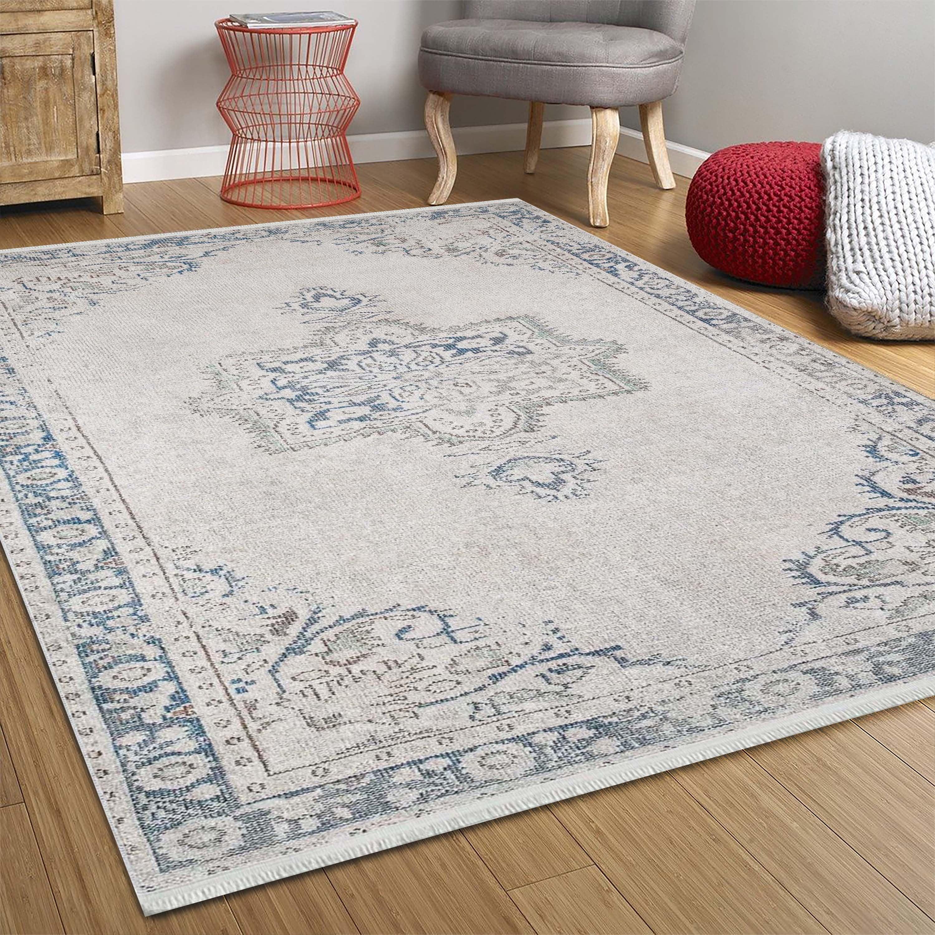 Doğal Eskitme Gri Geometrik Halı