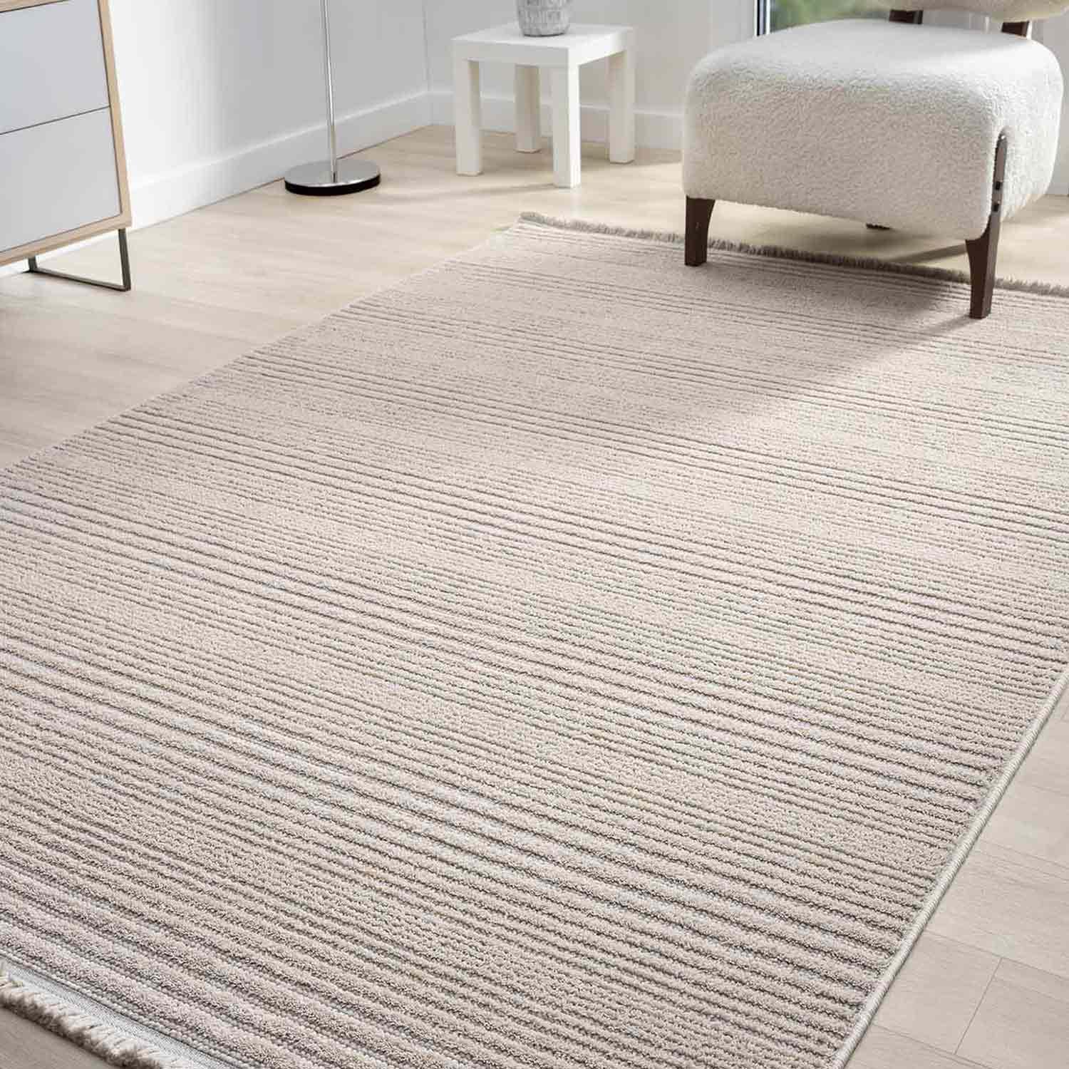 Düz Bej Yatay Çizgili Modern Halı