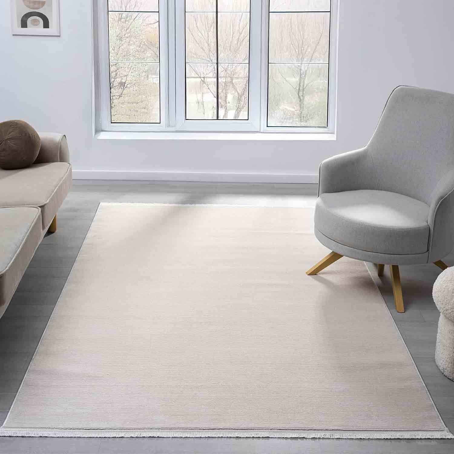 Düz Krem Bej Sade Dikey Çizgili Modern Yıkanabilir Halı