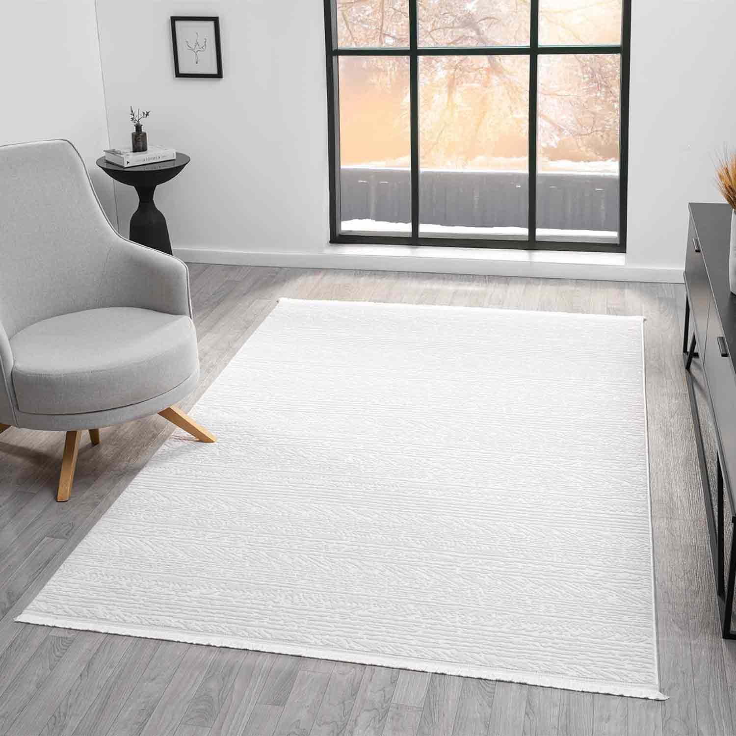 Düz Krem Beyaz Şeritli Modern Halı
