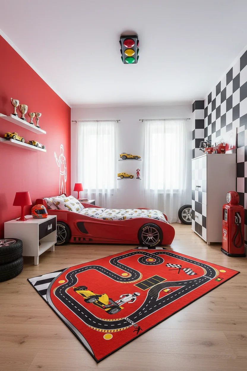 Eğlenceli Yarış Pisti Desenli F1 Çocuk Halısı