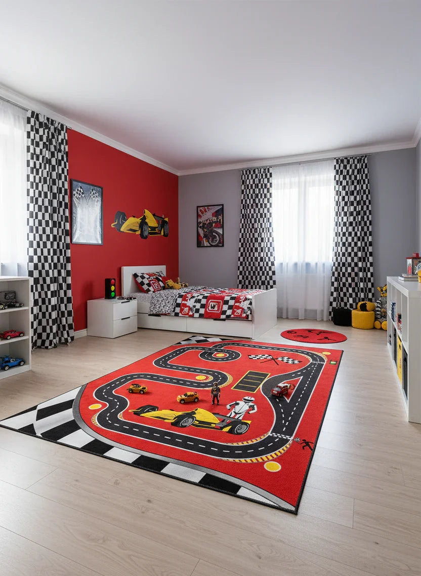 Eğlenceli Yarış Pisti Desenli F1 Çocuk Halısı