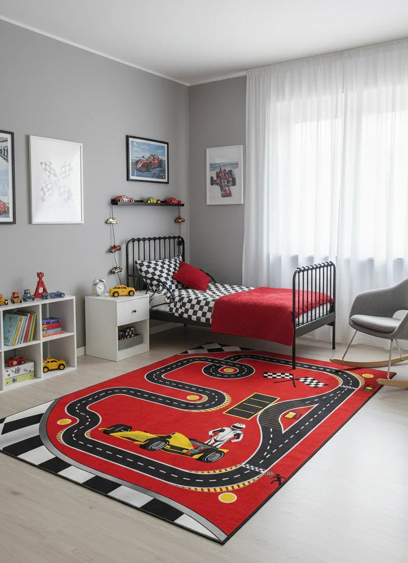 Eğlenceli Yarış Pisti Desenli F1 Çocuk Halısı