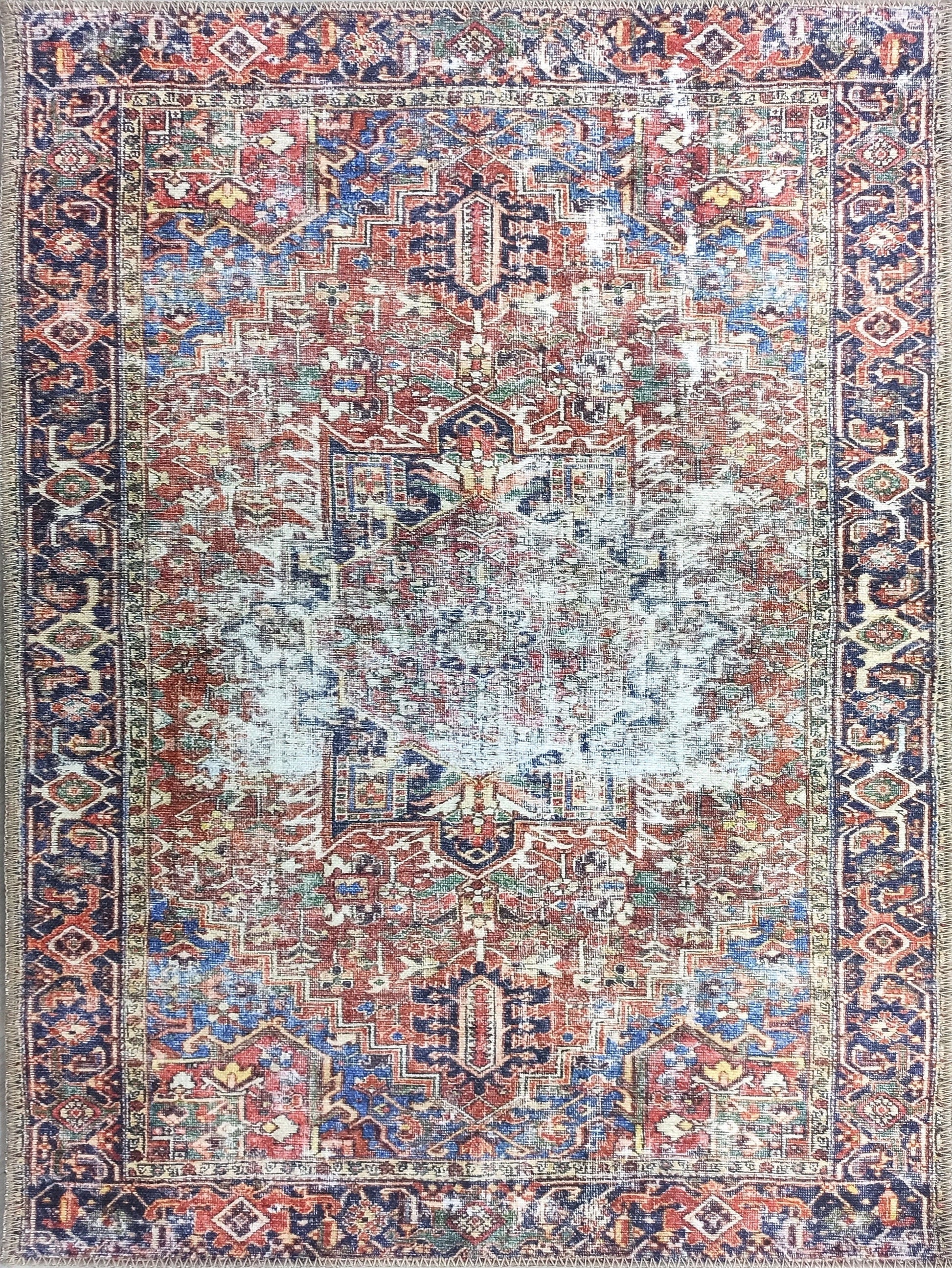 Terracotta ve Lacivert Eskitme Medalyonlu Vintage Halı