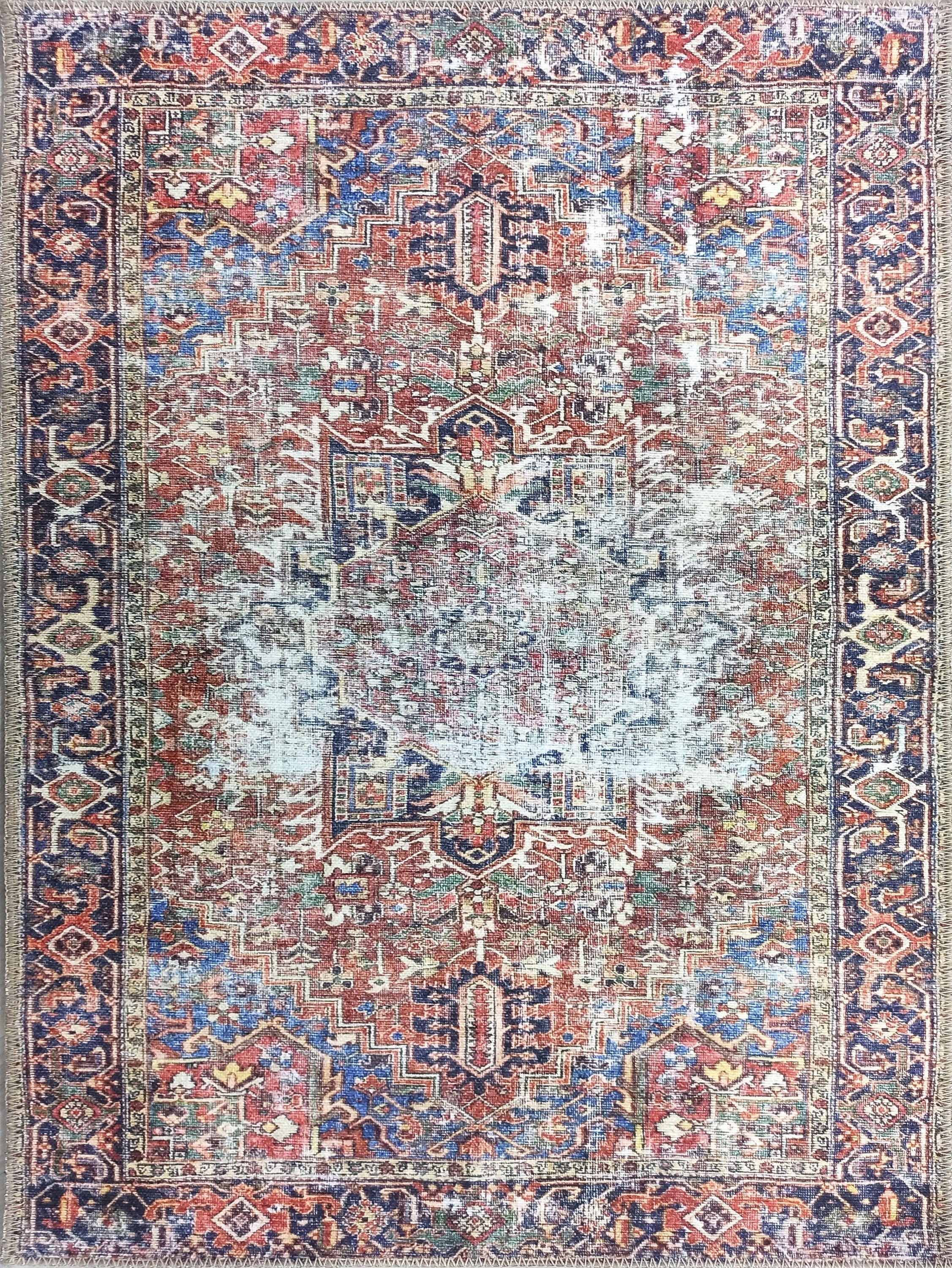 Terracotta ve Lacivert Eskitme Medalyonlu Vintage Halı