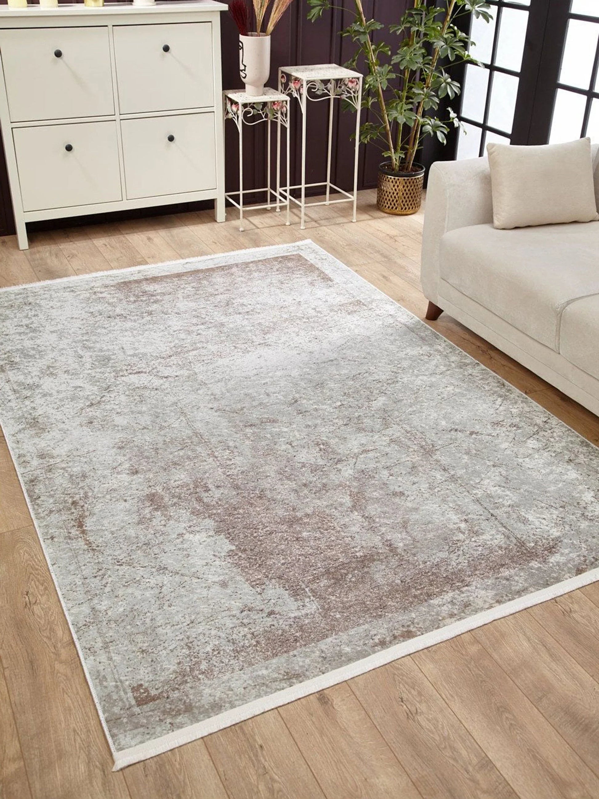 Eskitme Bej Kahverengi Abstract Desenli Halı