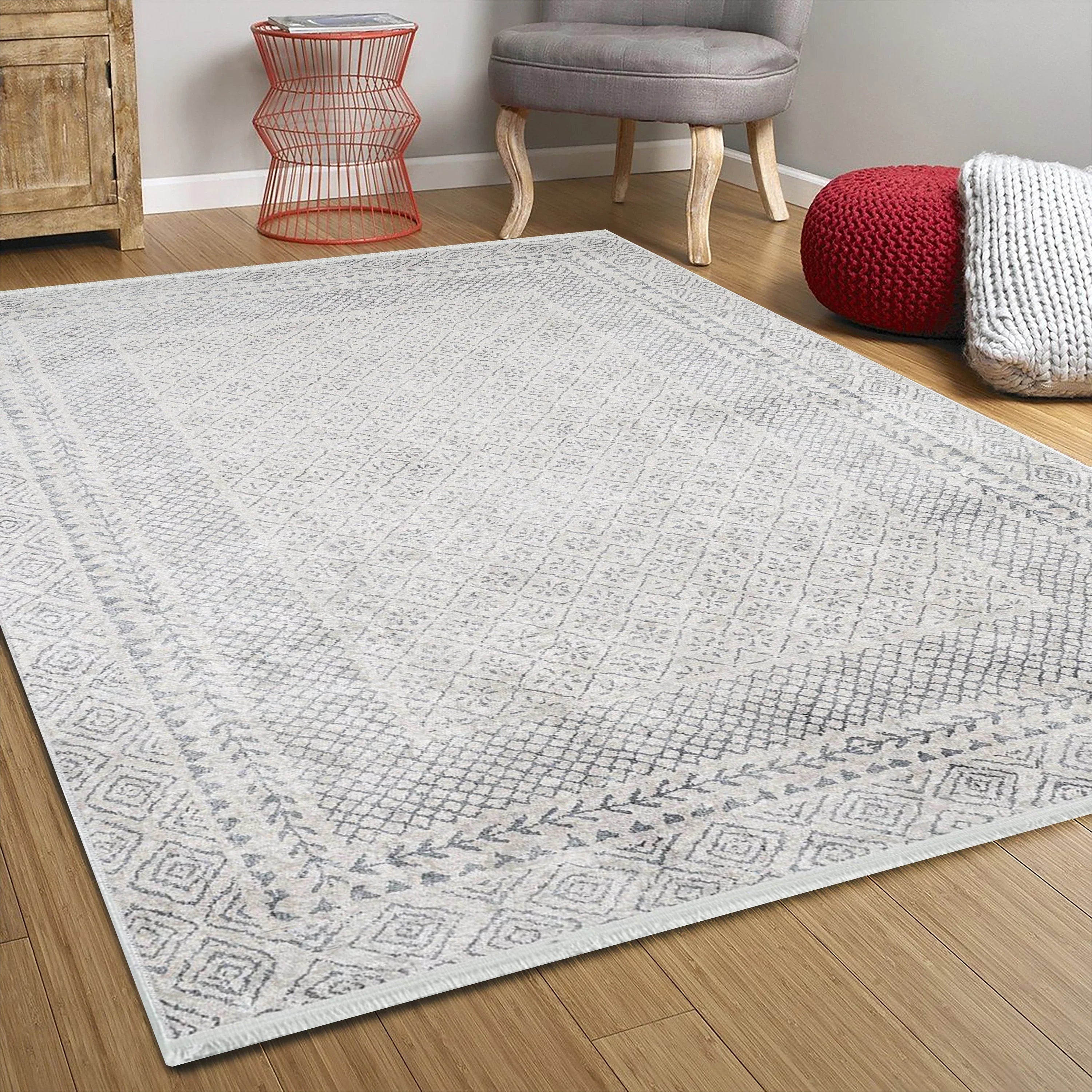 Eskitme Beyaz Gri Geometrik Desenli Halı