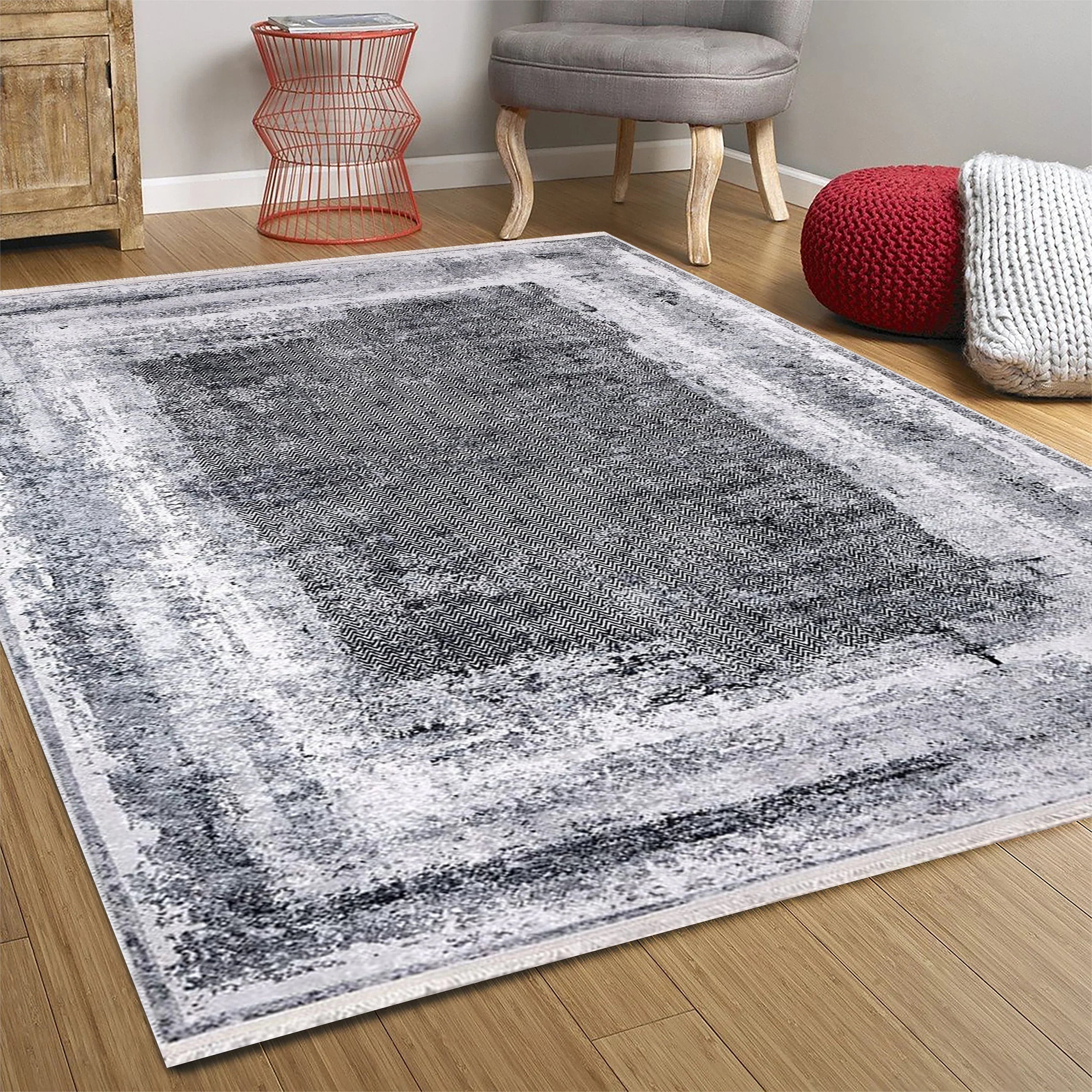 Eskitme Gri Abstract Desenli Halı