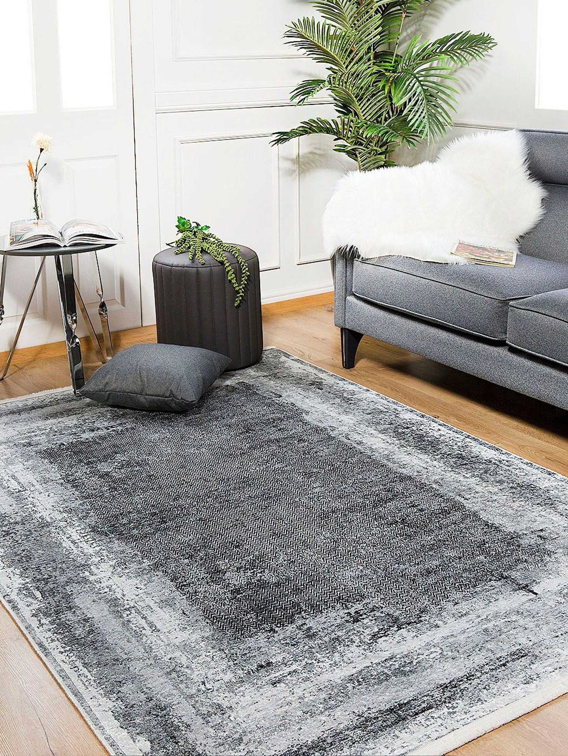 Eskitme Gri Abstract Desenli Halı