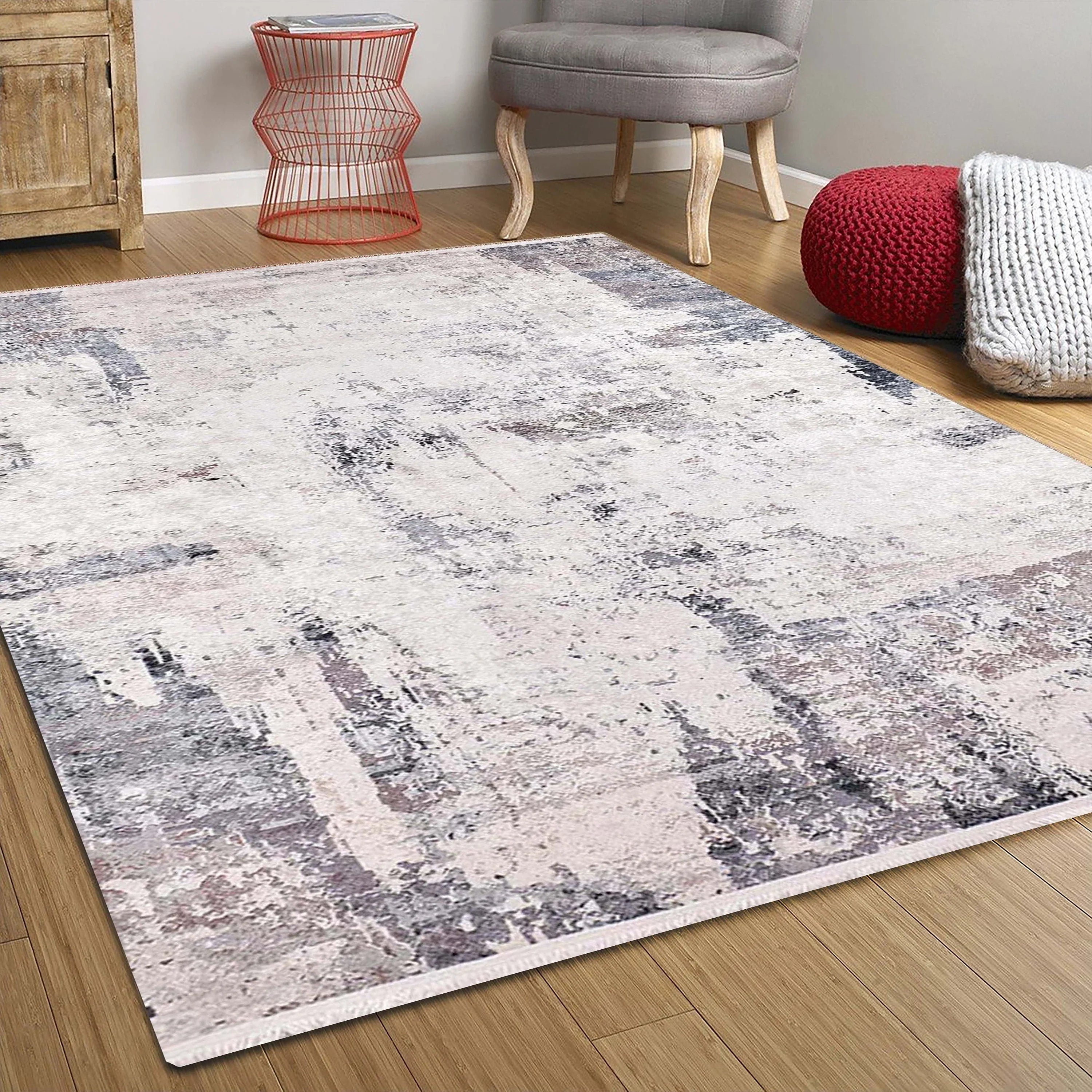 Eskitme Gri Krem Abstract Desenli Halı