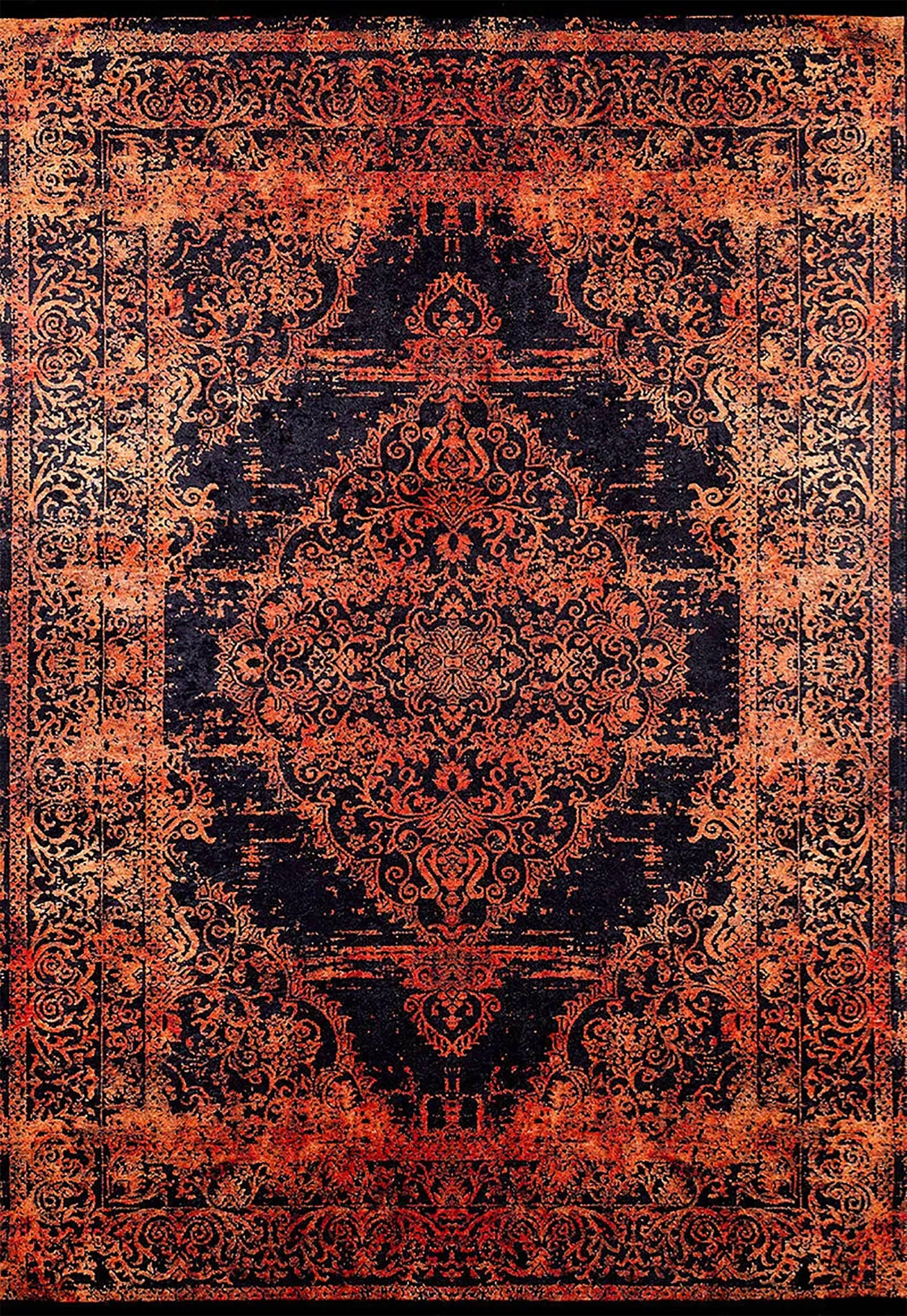 Eskitme Turuncu Siyah Madalyon Halı