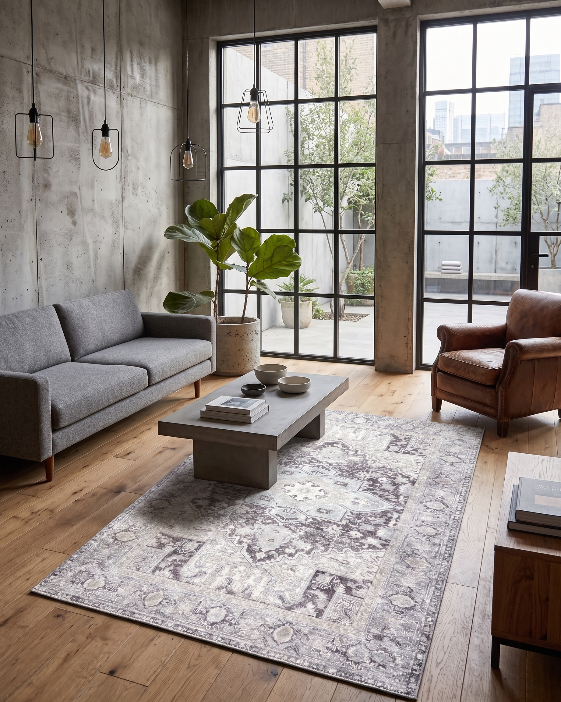Eskitme Geometrik Madalyon Desenli Açık Gri ve Vizon Vintage Halı - Pera Halı