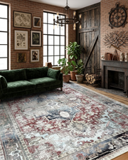 Eskitme Madalyon Desenli Bordo ve Mavi Vintage Halı - Pera Halı