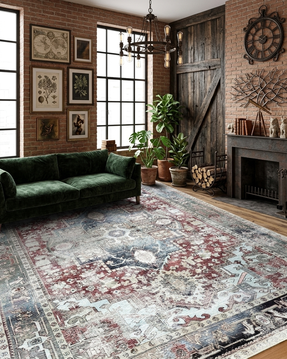 Eskitme Madalyon Desenli Bordo ve Mavi Vintage Halı - Pera Halı