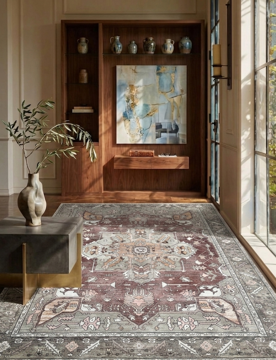 Eskitme Madalyon Desenli Kahverengi ve Bej Vintage Halı - Pera Halı